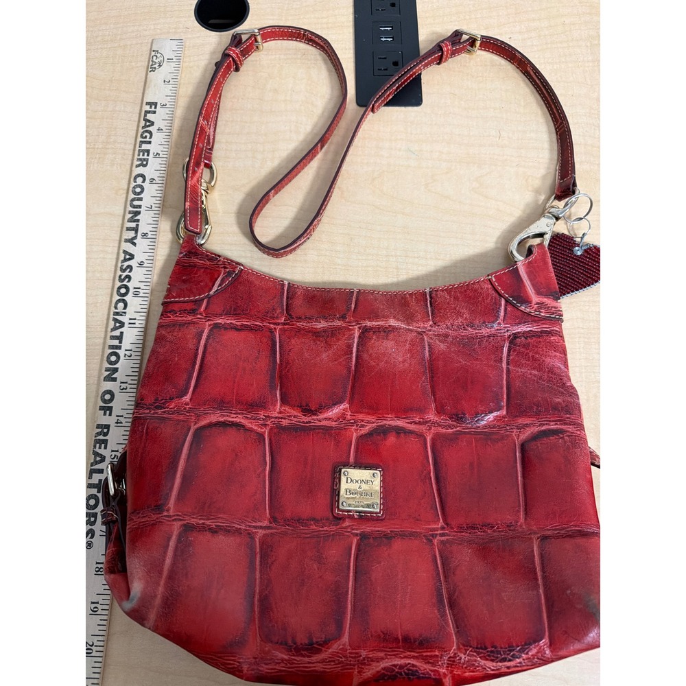 Dooney & Bourke Red Croc Embossed Leather Hobo Shoulder Bag Heart Charm